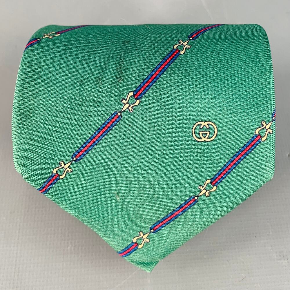 GUCCI Vintage Green Red Horsebit Diagonal Stripe Silk Tie